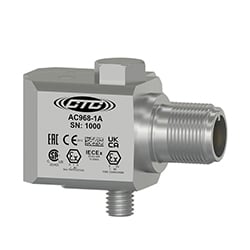 A stainless steel, side exit AC968 condition monitoring sensor engraved with the CTC logo, part number, serial number, and hazardous area rating logos.